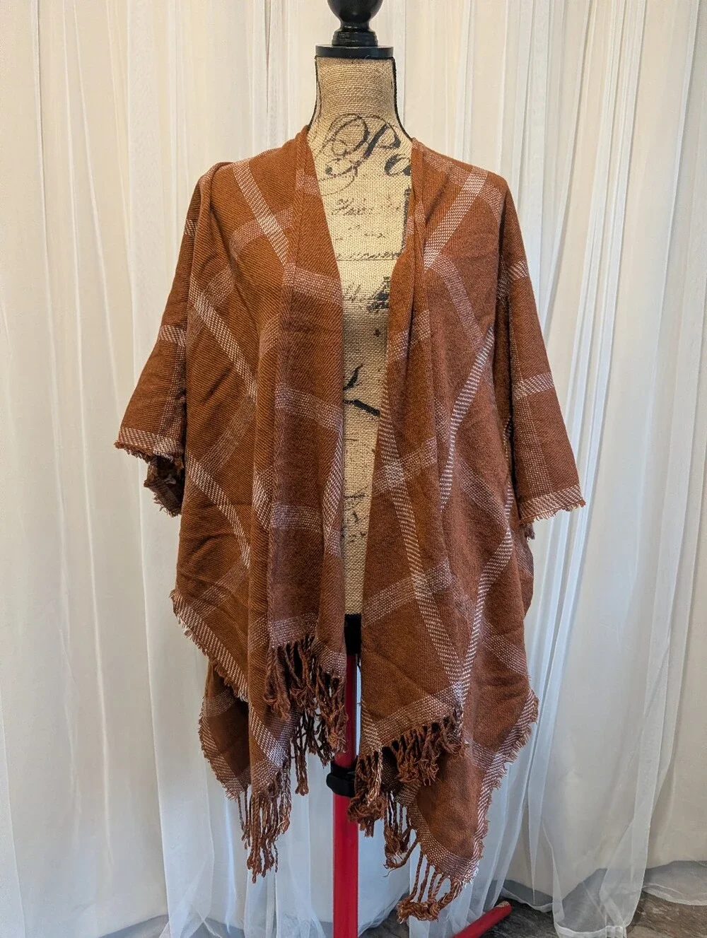 Rust Plaid Fringe Open-Front Poncho